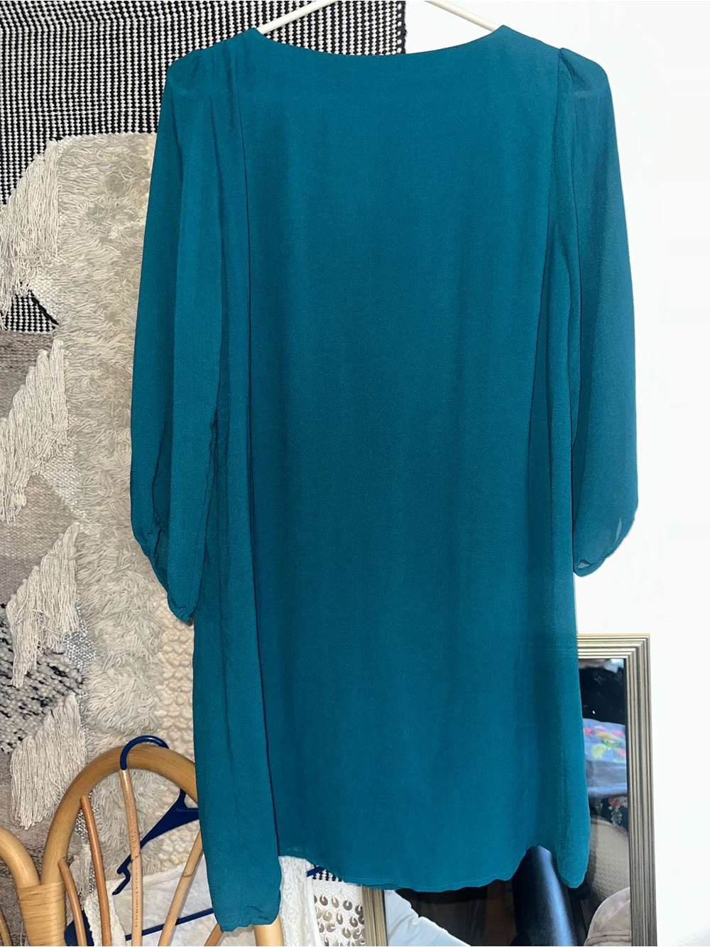 H&M Teal Long Sleeve Chiffon Shift Dress